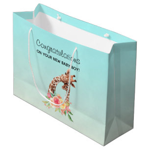 Sacola Para Presentes Grande Girafa Cólvora Aquarela Mãe e Parabéns Bebês