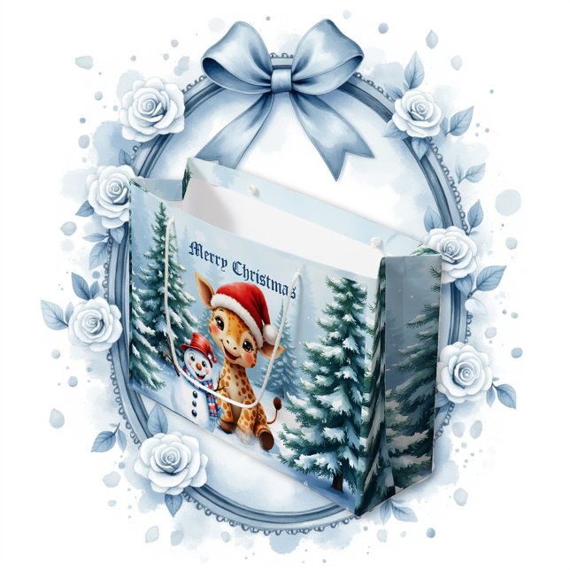 Sacola Para Presentes Grande Girafa de Cartoon Bonita com Santa Hat e Snowman (Criador carregado)