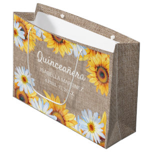 Sacola Para Presentes Grande Girasóis Margarida Branca em Lona Quinceañera Nome