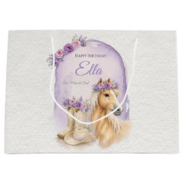 Sacola Para Presentes Grande Girls Purple Floral Horse Birthday