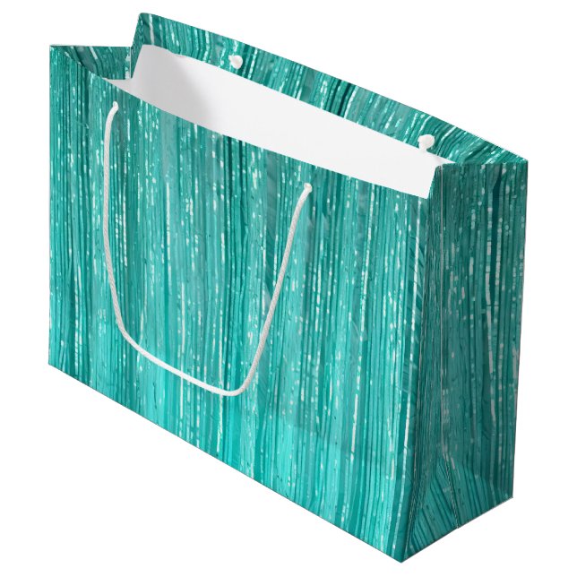 Sacola Para Presentes Grande Girly Aqua Mint Glam Tinsel Stripes (Frente inclinada)