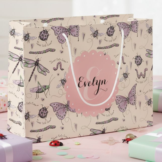 Sacola Para Presentes Grande Girly Cream Blush Pink Sweet Little Critério Perso (Cute Insects & Beetles Pink Gift Bags. Colorful Bugs Gift Wrap for Girl Baby Shower & Birthday Party)