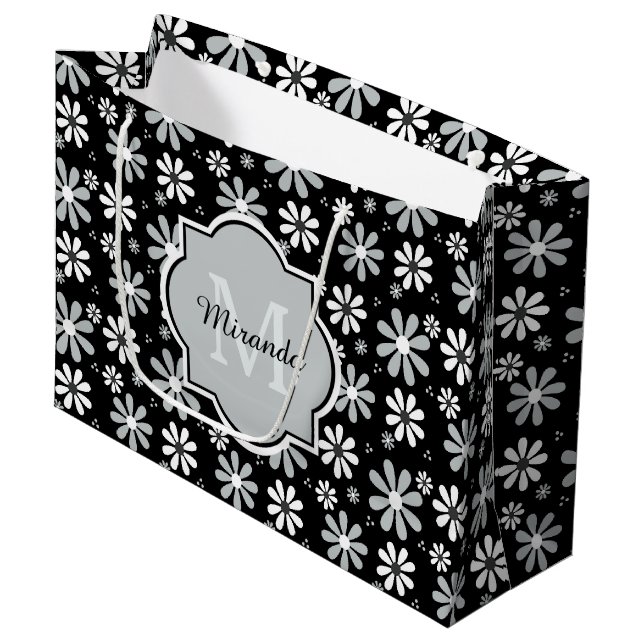 Sacola Para Presentes Grande Girly Monogramas Black White Daisy Flowers Com Nom (Frente inclinada)