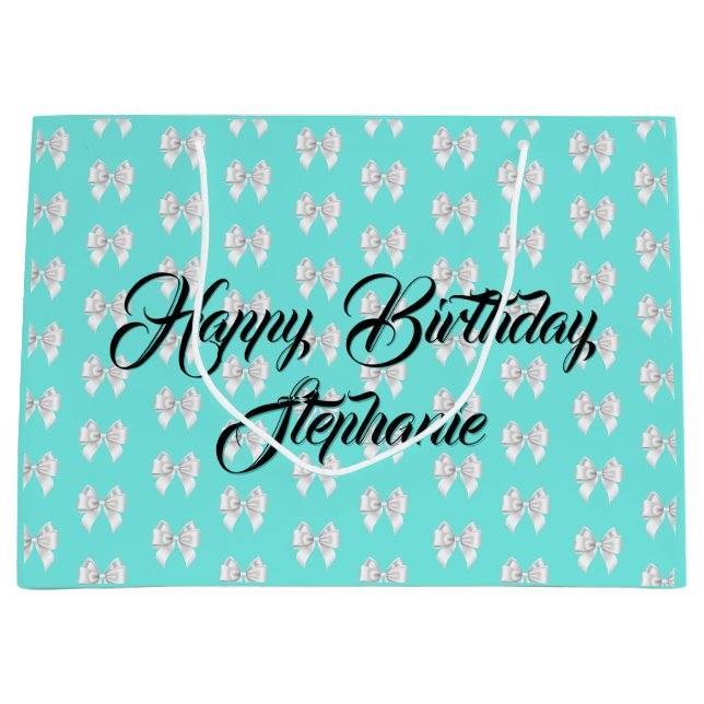 Sacola Para Presentes Grande Glam Aqua Nome Personalizado Tema Tiffany Laço Bra (Frente)