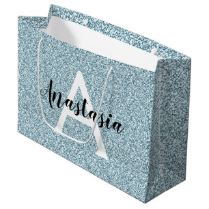 Sacola Para Presentes Grande Glam Blue Silver Glitter Sparkles Nome do Monogram