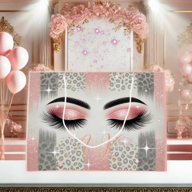 Sacola Para Presentes Grande Glam Cor-de-Rosa Glaufragante Eyelashes Monograma (Glam pink glitter lashes monogram gift bag — perfect for birthdays, or any occasion .)
