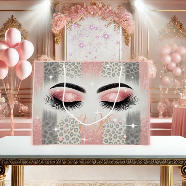 Sacola Para Presentes Grande Glam Cor-de-Rosa Glaufragante Eyelashes Monograma (Glam pink glitter lashes monogram gift bag — perfect for bachelorette party gifting)