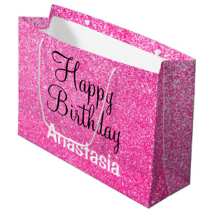 Sacola Para Presentes Grande Glam Happy Birthday - Nome de Minigrama Rosa Quent