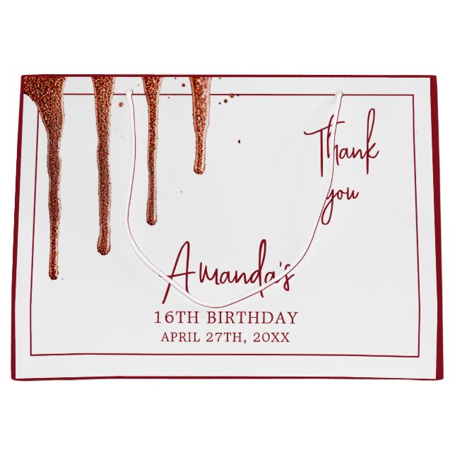 Sacola Para Presentes Grande Glamorous Rosa, Glitter Dourado, Doce 16 Aniversár (Frente)