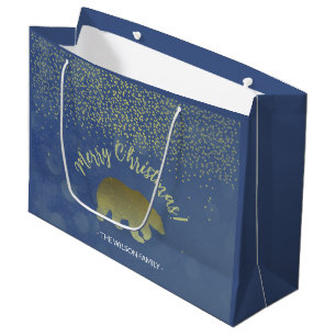 Sacola Para Presentes Grande Glitter Blue Night Sky E Ouro Bear