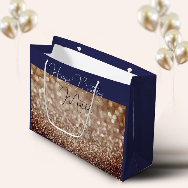 Sacola Para Presentes Grande Glitter Bokeh rosa gold script name big Gift Bag (Criador carregado)