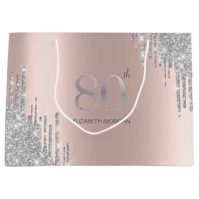 Sacola Para Presentes Grande Glitter de prata - 80 de Rosa Dourado (Frente)