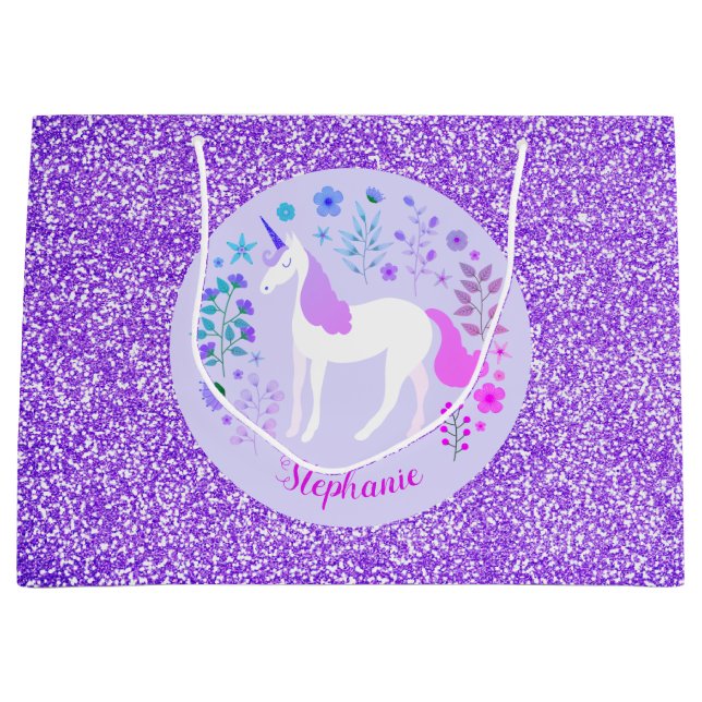 Sacola Para Presentes Grande Glitter de Unicórnio Roxo Rosa Personalizado (Frente)