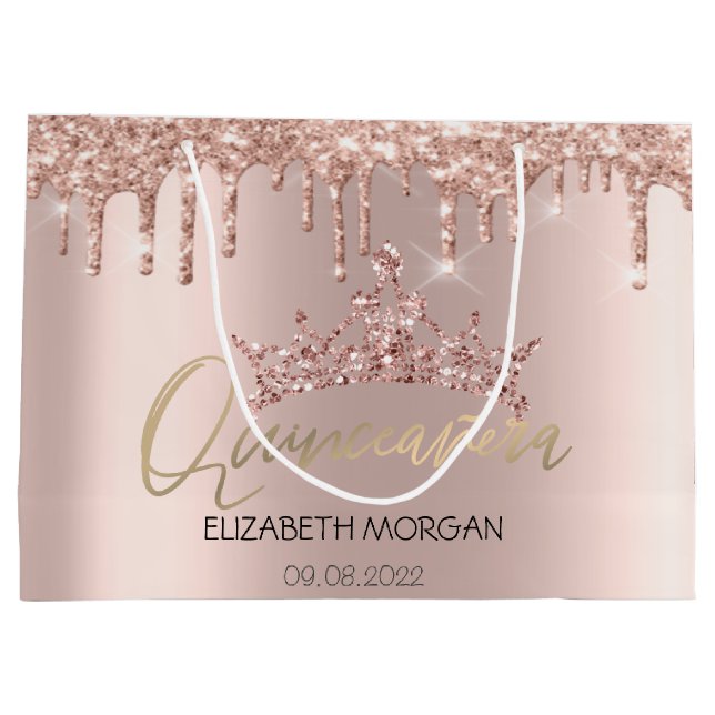 Sacola Para Presentes Grande Glitter Drives Rosa Dourado Tiara Quinceañera (Verso)