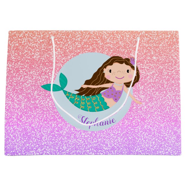Sacola Para Presentes Grande Glitter Sereia Bastante Personalizado (Frente)