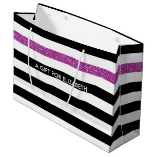 Sacola Para Presentes Grande Glitz Roxo e Nome Modernos de Black Stripes FAUX