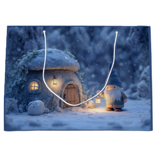 Sacola Para Presentes Grande Gnome with a Lantern Outside a Snowy Stone Hut