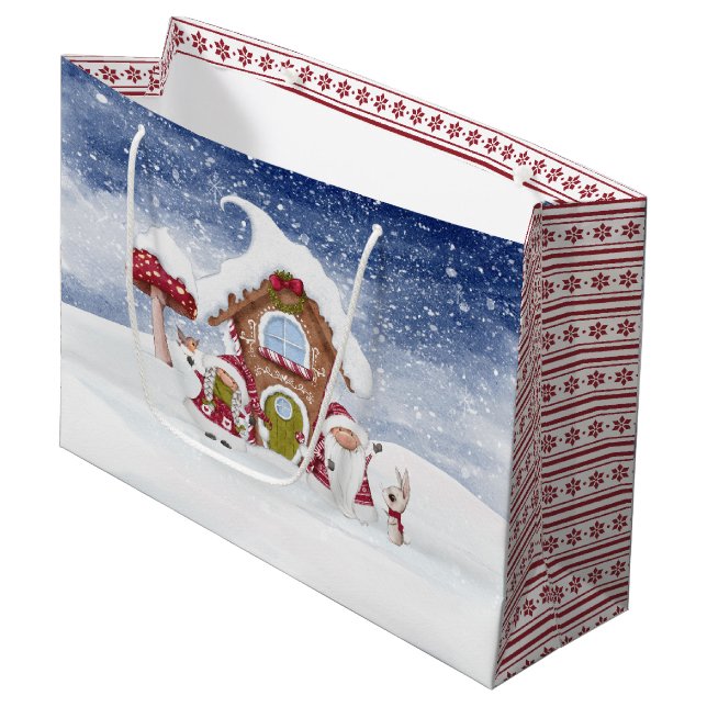 Sacola Para Presentes Grande Gnomo vermelho e branco para os feriados (Frente inclinada)