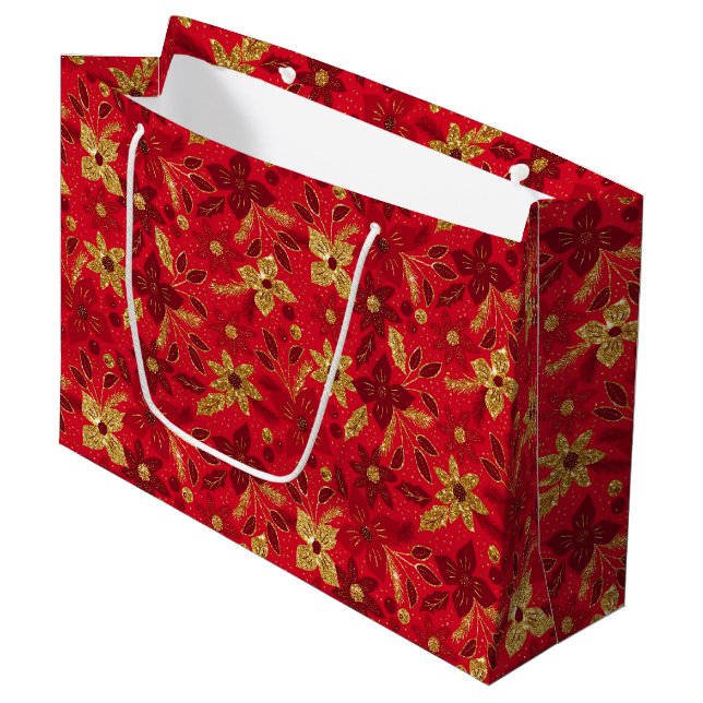 Sacola Para Presentes Grande Gold and Red Christmas Poinsettia Flowers (Frente inclinada)