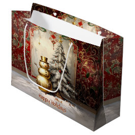 Sacola Para Presentes Grande Gold Snowman Christmas Tree Holiday Gift Bag