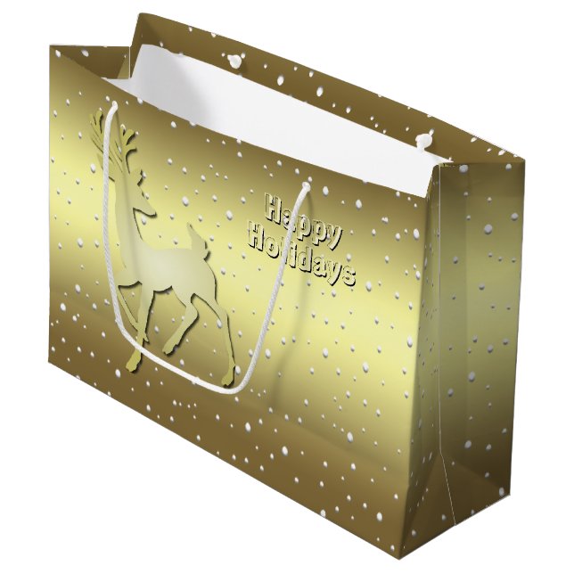 Sacola Para Presentes Grande Golden Reindeer Snowy Holiday Gift Bag (Frente inclinada)