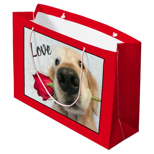 Sacola Para Presentes Grande Golden retriever com amor dos namorados da rosa (Verso inclinado)