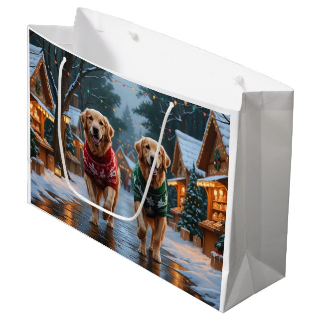 Sacola Para Presentes Grande Golden Retriever Dogs Christmas Snow Holiday (Frente inclinada)