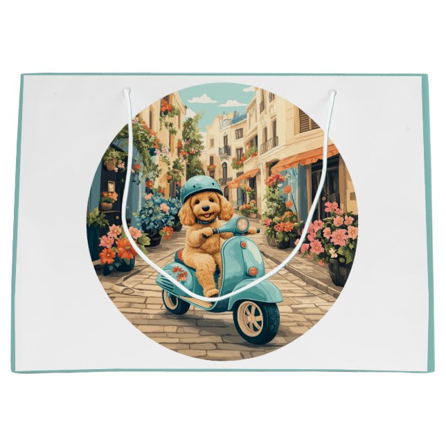 Sacola Para Presentes Grande Goldendoodle Dog Riding Scooter European Streets (Frente)