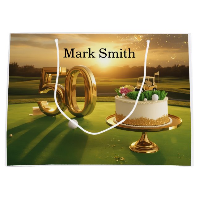 Sacola Para Presentes Grande  Golf 50th Birthday for golfer with cake on green (Frente)