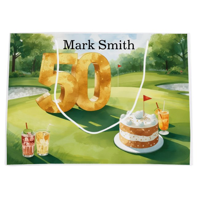 Sacola Para Presentes Grande  Golf 50th Birthday for golfer with cake on green (Frente)