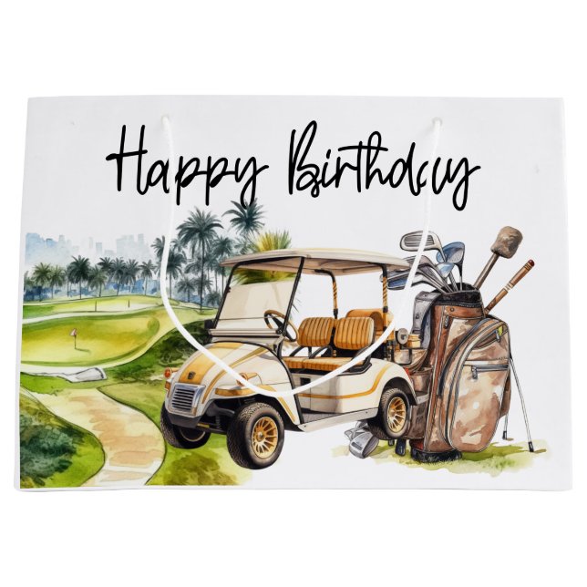Sacola Para Presentes Grande Golf Birthday com aquarela de golfe (Frente)