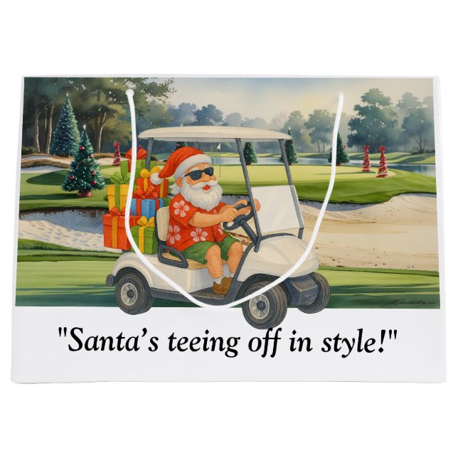 Sacola Para Presentes Grande Golf Christmas Santa  drive golf cart on course