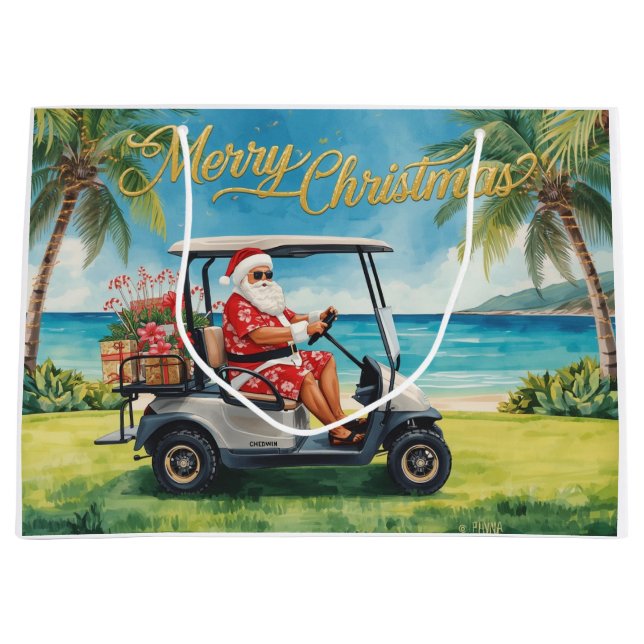 Sacola Para Presentes Grande Golf Christmas themed with Santa Claus in Hawaii (Frente)