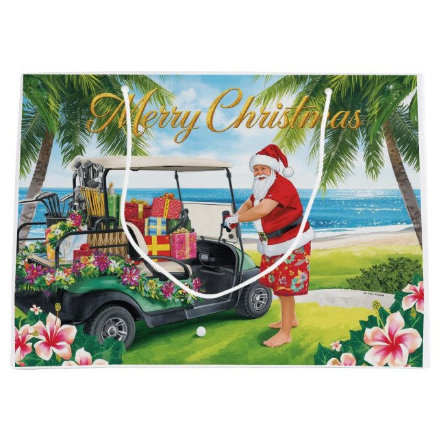 Sacola Para Presentes Grande Golf Christmas with Santa Claus in Hawaii (Frente)