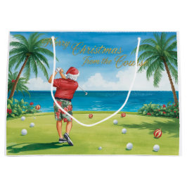Sacola Para Presentes Grande Golf com tema de Natal com Papai Noel jogando golf
