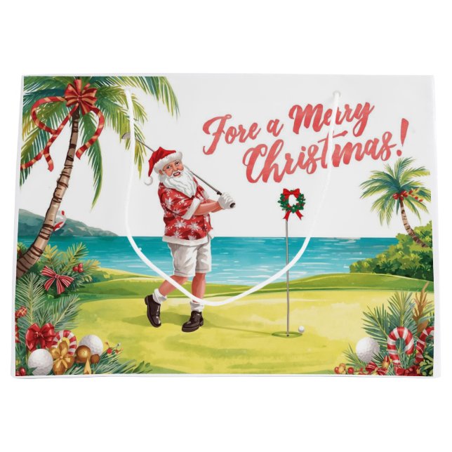 Sacola Para Presentes Grande Golf Santa Golfer fore a merry christmas (Frente)