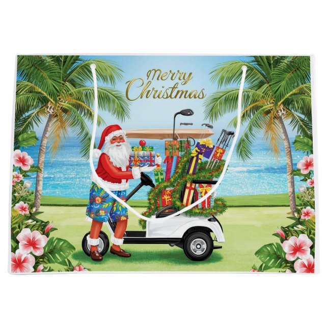 Sacola Para Presentes Grande Golf Santa Golfing Tropical Christmas Celebration  (Frente)