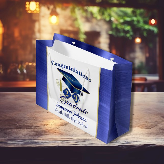 Sacola Para Presentes Grande Graduação Personalizada Azul e Dourado (Graduation Personalized Blue & Gold Large Gift Bag)