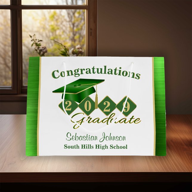 Sacola Para Presentes Grande Graduação Personalizada Verde e Dourada (Graduation Personalized Green & Gold Large Gift Bag)
