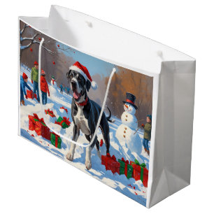 Sacola Para Presentes Grande Grande Danois Correndo na Neve com Chapéu de Natal