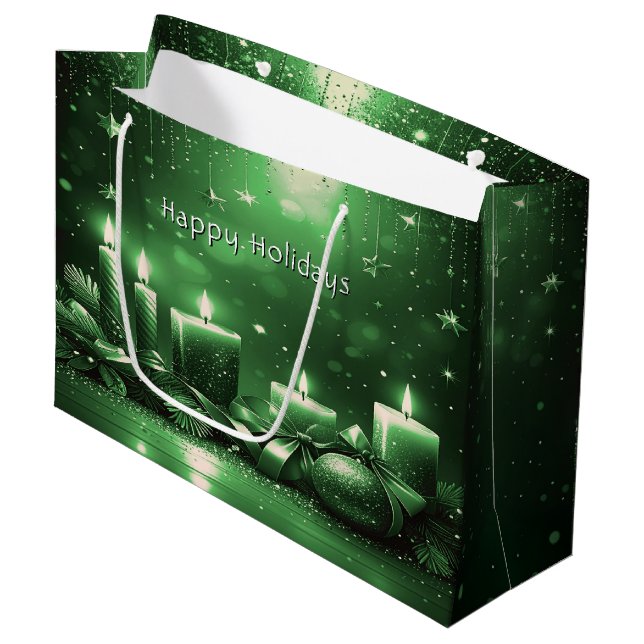 Sacola Para Presentes Grande Green Candles Christmas Holiday Gift Bag (Frente inclinada)