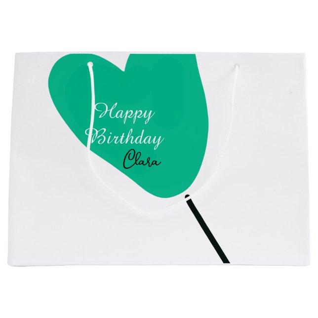 Sacola Para Presentes Grande Green heart happy birthday white black balloon kid (Frente)