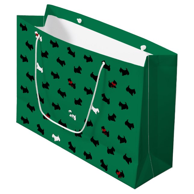 Sacola Para Presentes Grande Green Holiday Scottish Terriers Gift Bag (Frente inclinada)