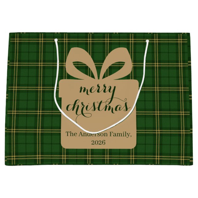 Sacola Para Presentes Grande Green Plaid Christmas Festive Pattern -  (Frente)