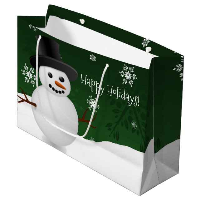 Sacola Para Presentes Grande Green Snowman Winter Scenery Christmas Gift Bag (Frente inclinada)