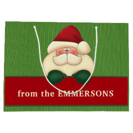 Sacola Para Presentes Grande Green Stripes with Red Santa Christmas