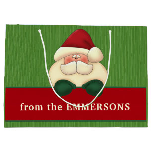 Sacola Para Presentes Grande Green Stripes with Red Santa Christmas