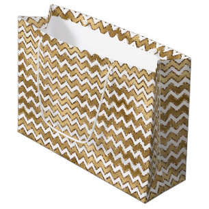 Sacola Para Presentes Grande Grelha Dourada de Zigzag Branca