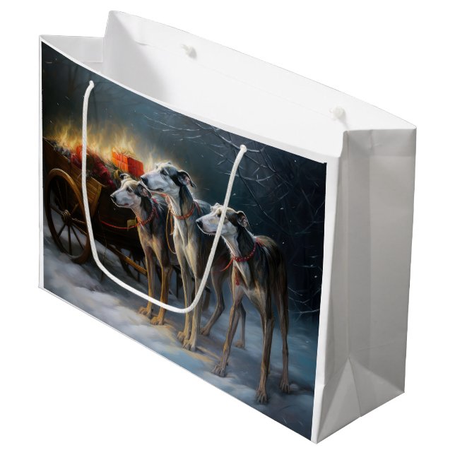 Sacola Para Presentes Grande Greyhound Snowy Sleigh Decência de Natal (Frente inclinada)