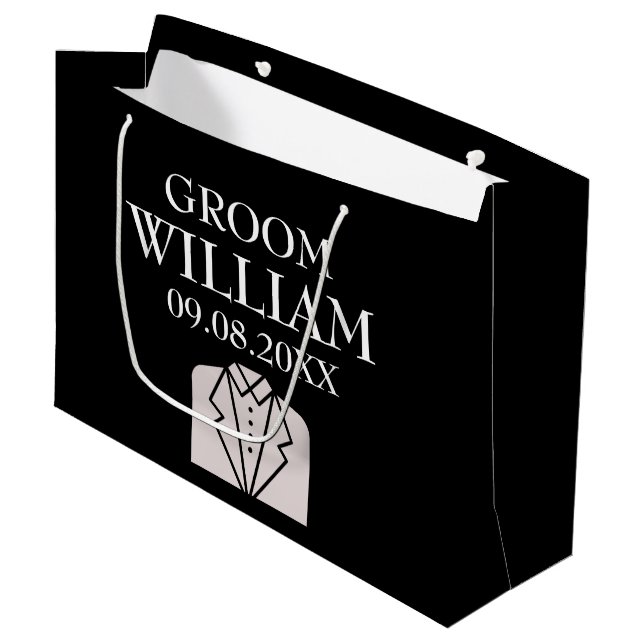 Sacola Para Presentes Grande Groom Black Elegant Modern Name Dons Casamento (Frente inclinada)